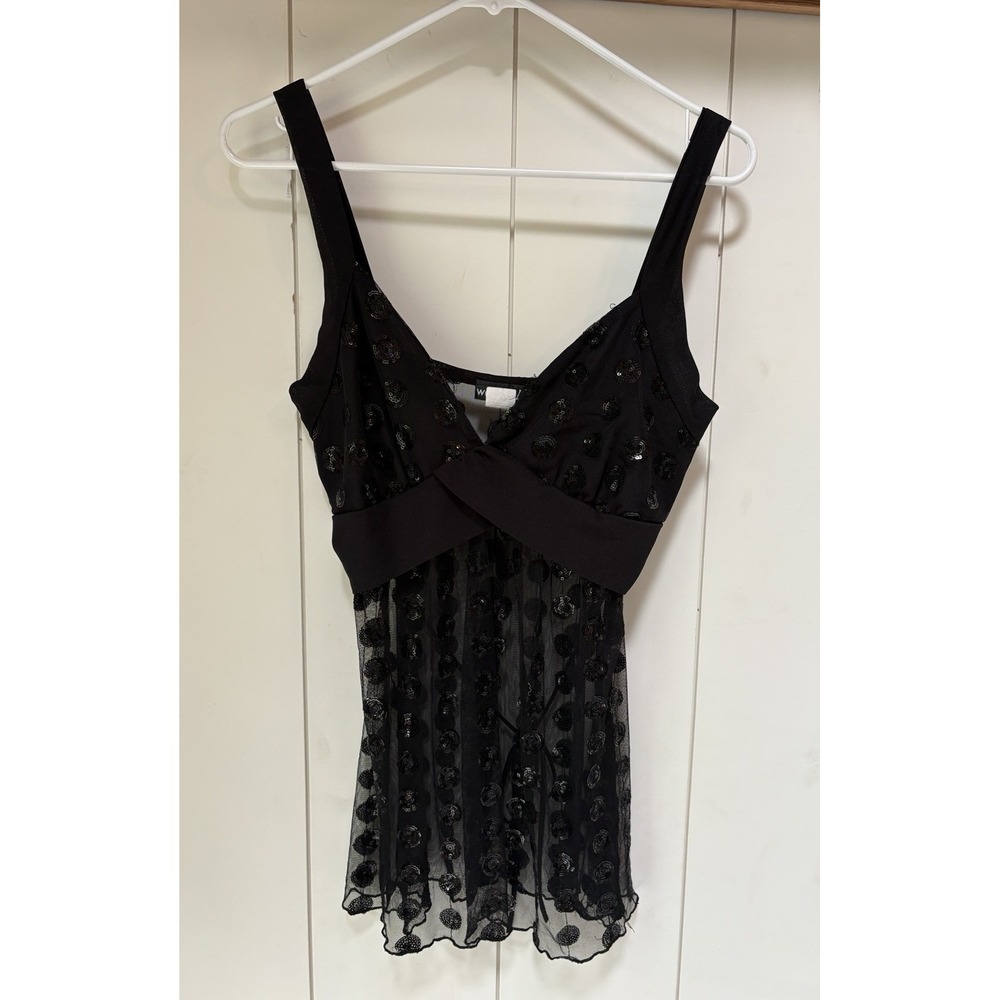 Wet Seal Y2K Black Sheer Sequin Floral Babydoll Size L Found Out Top Whimsigoth